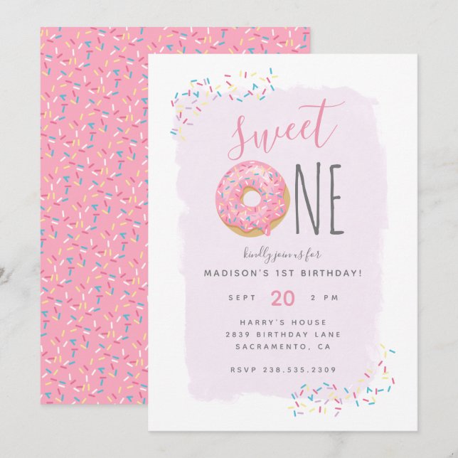 Purple | Pink Doughnut Sprinkle Sweet 1st Birthday Invitation (Front/Back)