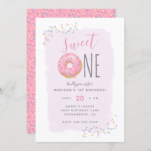 Purple  Pink Doughnut Sprinkle Sweet 1st Birthday Invitation