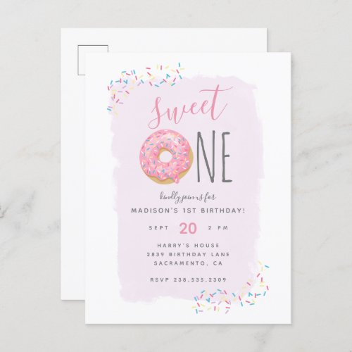 Purple  Pink Doughnut Sprinkle Sweet 1st Birthday Invitation Postcard