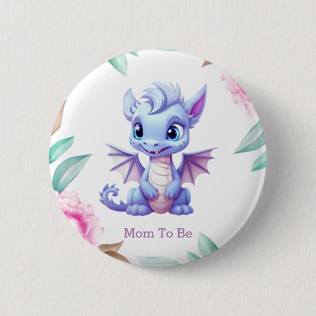 Purple Pink Dragon Girl Baby Shower Mom To Be Button (Front)