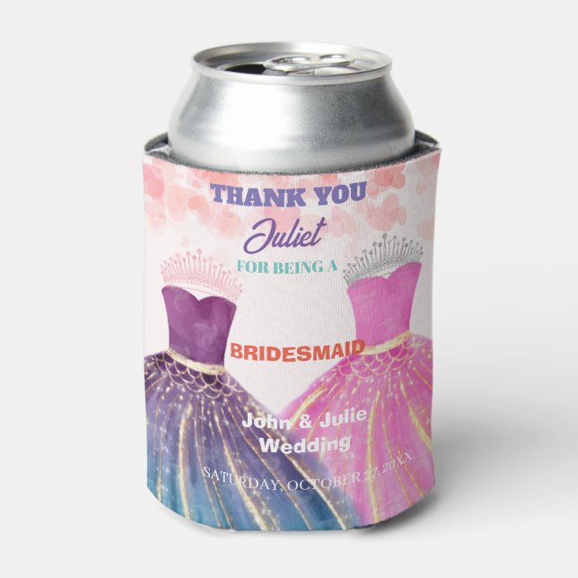 Purple pink dress and jewel crown bridesmaid gift can cooler (Can Front)