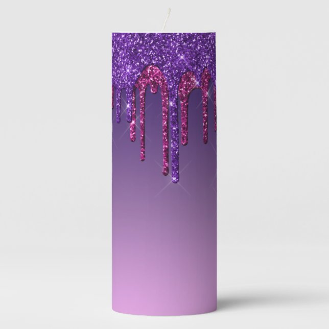 Purple & Pink Dripping Glitter Pillar Candle (Front)