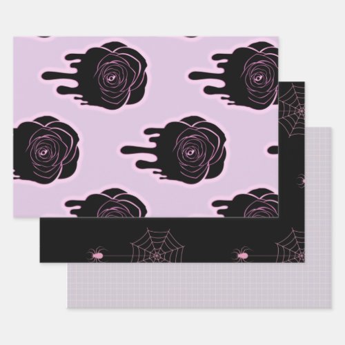 Purple Pink Dripping Rose Spider web Grid Hallowee Wrapping Paper Sheets