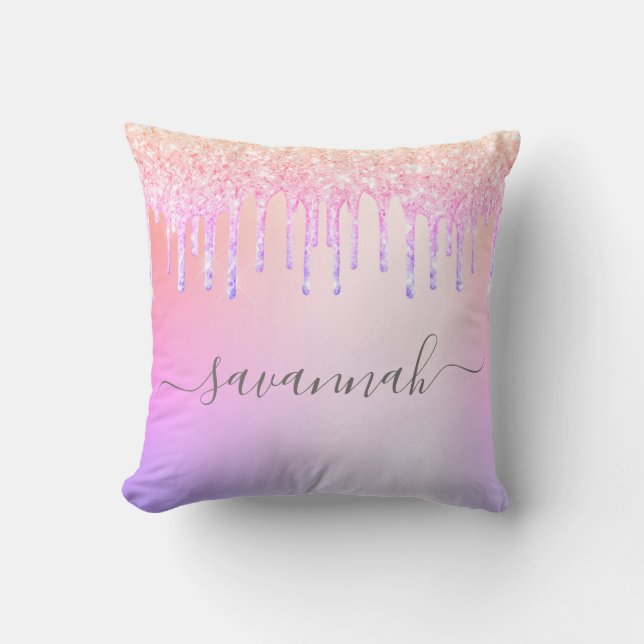 Purple pink drips monogram throw pillow (Front)