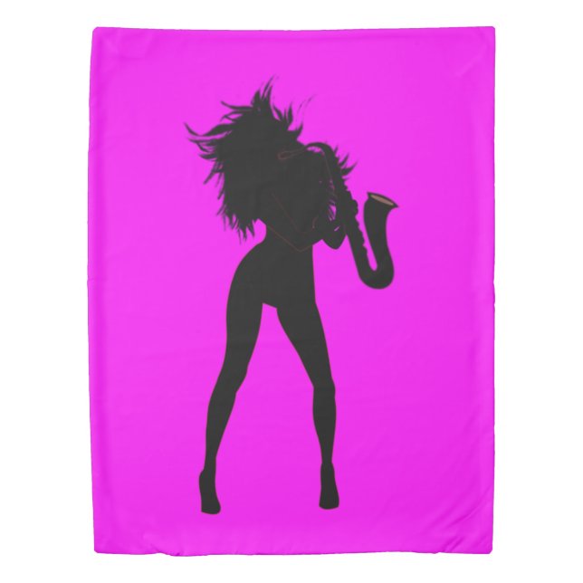 Purple Pink Duvet Cover Saxophone Player Woman (Front)