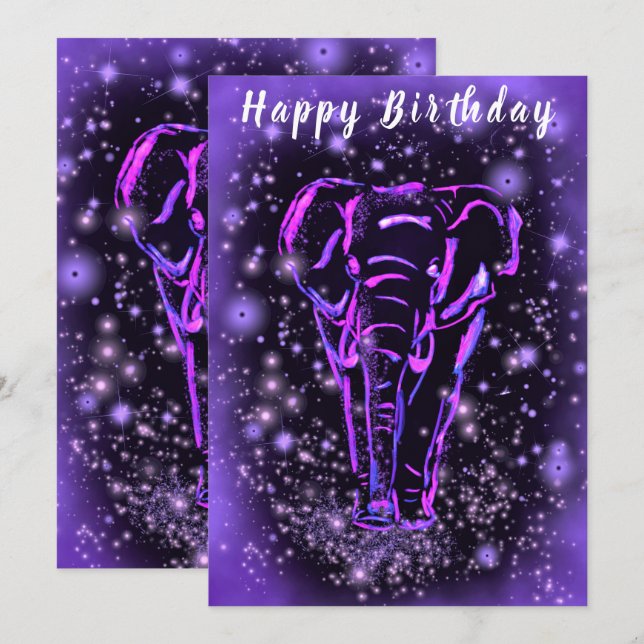 Purple Pink Elephant Happy Birthday Card (Front/Back)