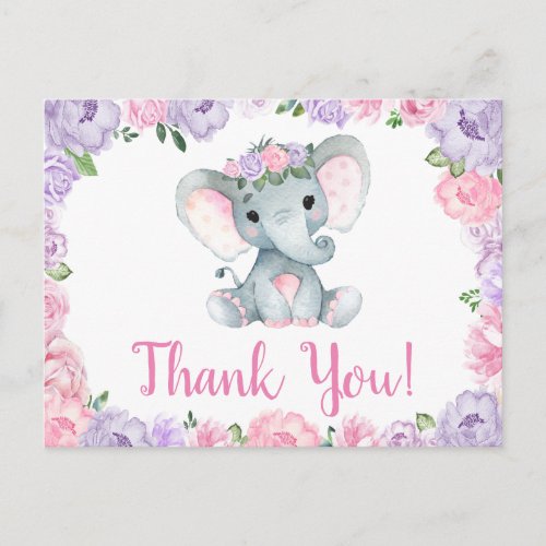 Purple pink Elephant Thank you Roses Girl Postcard