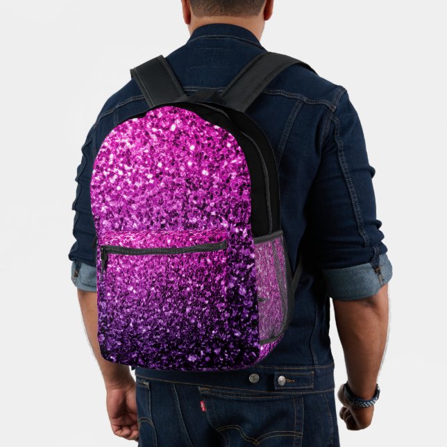 Purple pink faux glitter sparkles and black printed backpack (Insitu (Model))