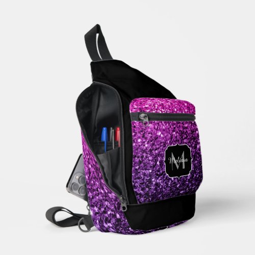 Purple pink faux glitter sparkles Black Monogram Sling Bag