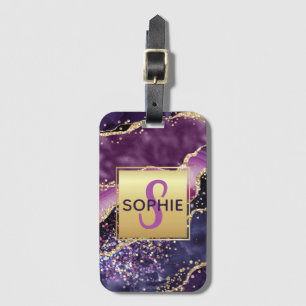 Purple & Pink & Faux Gold Glitter Agate Monogram Luggage Tag