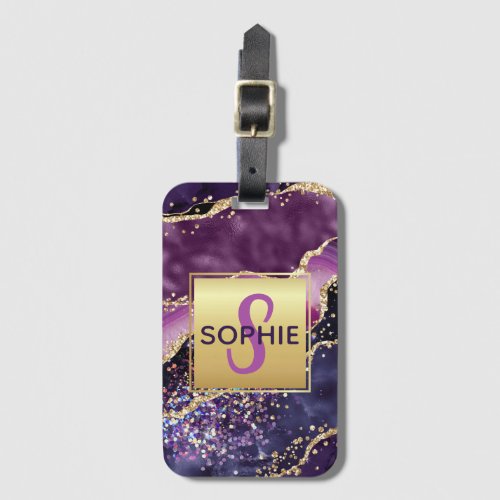 Purple  Pink  Faux Gold Glitter Agate Monogram Luggage Tag