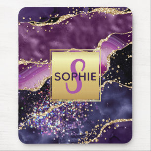 Purple & Pink & Faux Gold Glitter Agate Monogram Mouse Pad