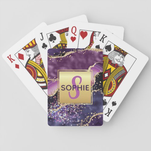 Purple  Pink  Faux Gold Glitter Agate Monogram Poker Cards
