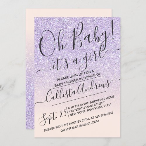 Purple Pink Faux Sparkly Glitter Ombre Baby Shower Invitation