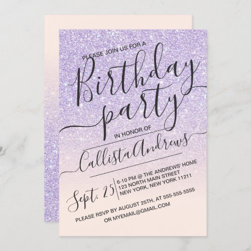 Purple Pink Faux Sparkly Glitter Ombre Birthday Invitation