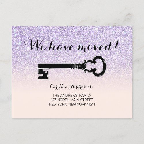 Purple Pink Faux Sparkly Glitter Ombre Key Moving Announcement Postcard