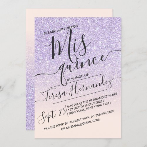 Purple Pink Faux Sparkly Glitter Ombre Quinceaera Invitation