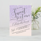 Purple Pink Faux Sparkly Glitter Ombre Sweet 16 Invitation (Standing Front)