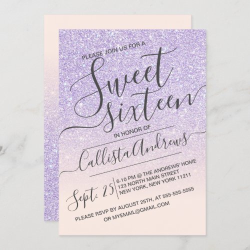 Purple Pink Faux Sparkly Glitter Ombre Sweet 16 Invitation