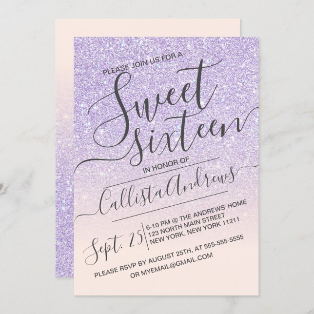 Purple Pink Faux Sparkly Glitter Ombre Sweet 16 Invitation (Front/Back)
