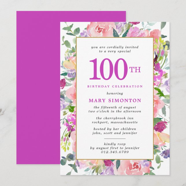 Purple Pink Floral 100th Birthday Invitation (Front/Back)