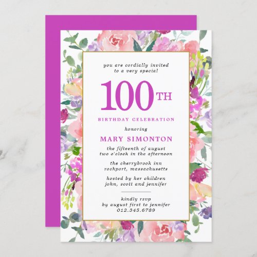 Purple Pink Floral 100th Birthday Invitation