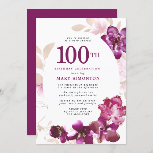 Purple Pink Floral 100th Birthday Invitation