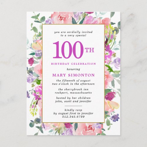 Purple Pink Floral 100th Birthday Invitation Postcard