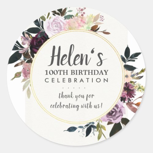 Purple Pink Floral 100th Birthday Thank You Classic Round Sticker