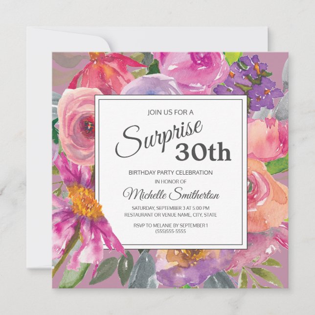 Purple Pink Floral 30th Surprise Birthday Invitation (Front)