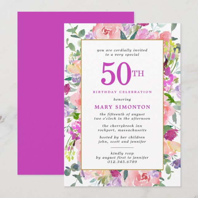 Purple Pink Floral 50th Birthday Invitation (Front/Back)