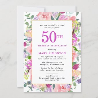 Purple Pink Floral 50th Birthday Invitation | Zazzle