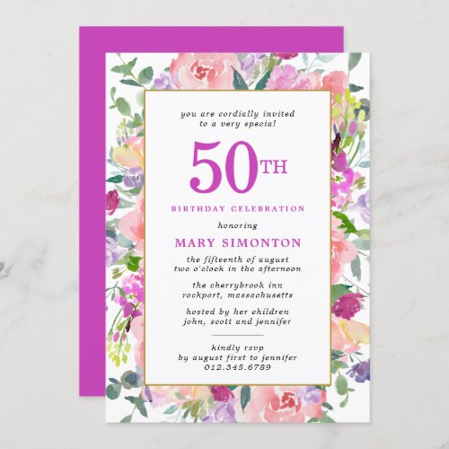 Purple Pink Floral 50th Birthday Invitation
