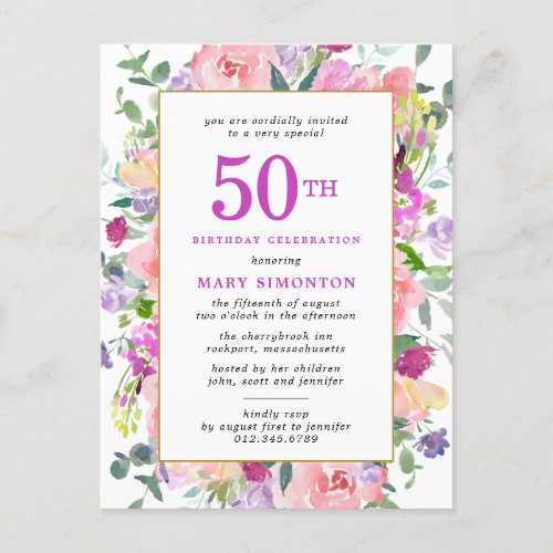 Purple Pink Floral 50th Birthday Invitation Postcard