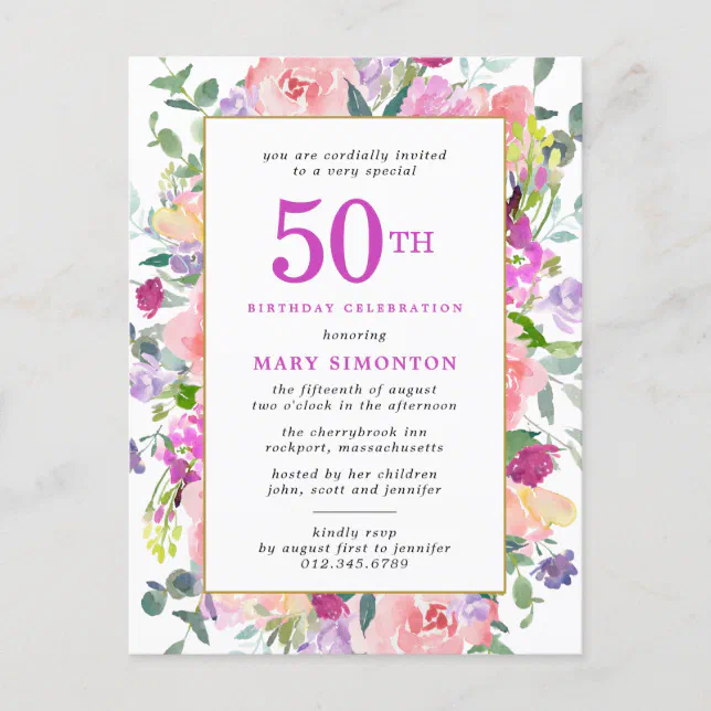 Purple Pink Floral 50th Birthday Invitation Postcard | Zazzle