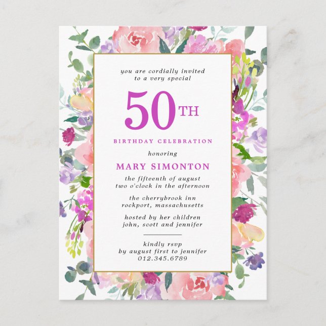 Purple Pink Floral 50th Birthday Invitation Postcard (Front)