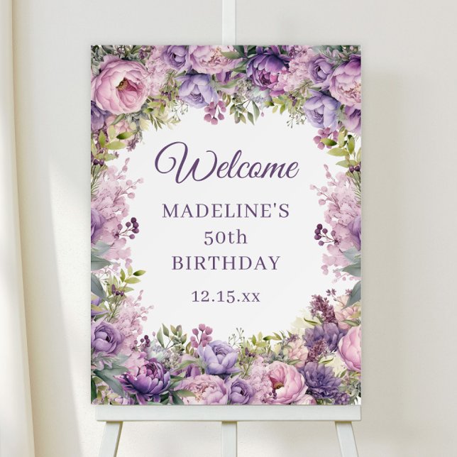 Purple Pink Floral 50th Birthday Welcome Foam Board (Purple and pink watercolor floral women's 50th birthday party welcome sign)