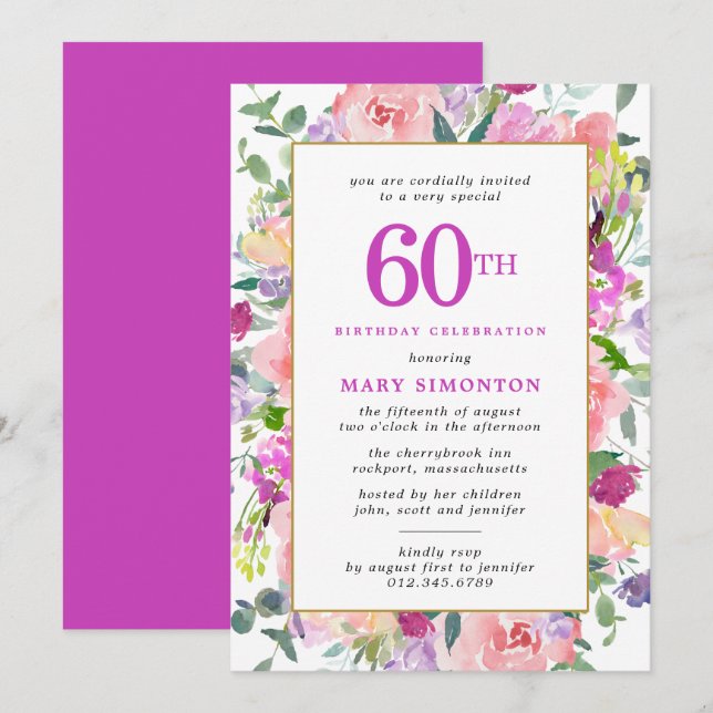 Purple Pink Floral 60th Birthday Invitation (Front/Back)