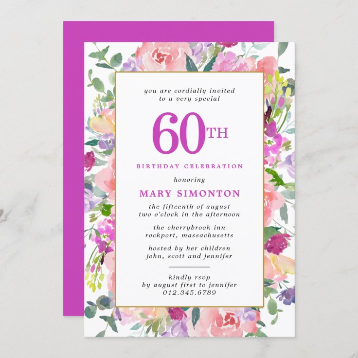 Purple Pink Floral 60th Birthday Invitation | Zazzle