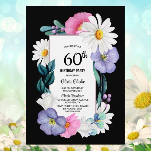 Purple Pink Floral 60th Birthday Party Invitation