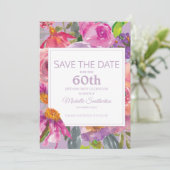 Purple Pink Floral 60th Birthday Save Date Save The Date (Standing Front)