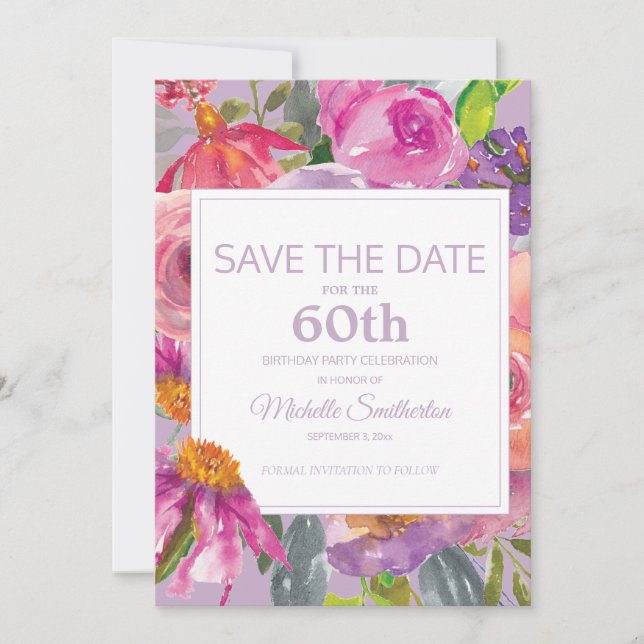 Purple Pink Floral 60th Birthday Save Date Save The Date (Front)