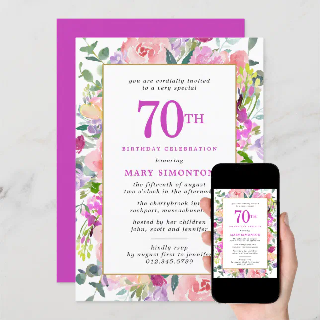 Purple Pink Floral 70th Birthday Invitation Zazzle