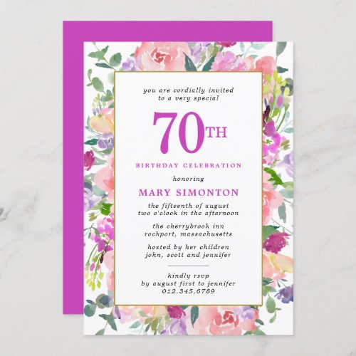 Purple Pink Floral 70th Birthday Invitation