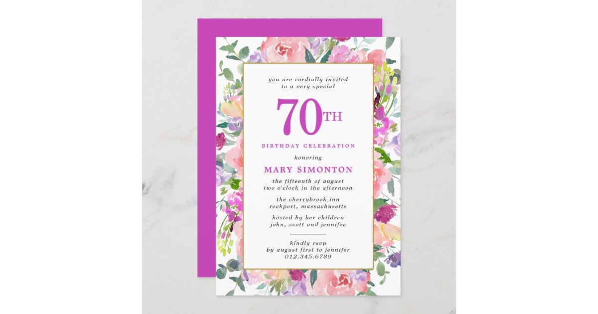 Purple Pink Floral 70th Birthday Invitation Zazzle