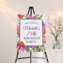 Purple Pink Floral 75th Birthday Welcome Foam Board
