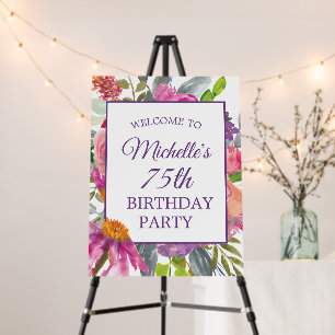 Purple Pink Floral 75th Birthday Welcome Foam Board