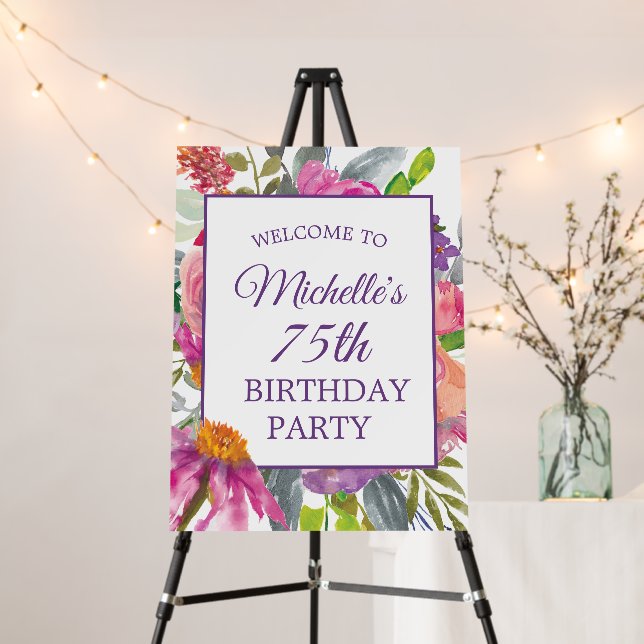 Purple Pink Floral 75th Birthday Welcome Foam Board (In Situ (Stand))