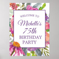 Purple Pink Floral 75th Birthday Welcome