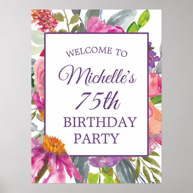Purple Pink Floral 75th Birthday Welcome Poster (Front)